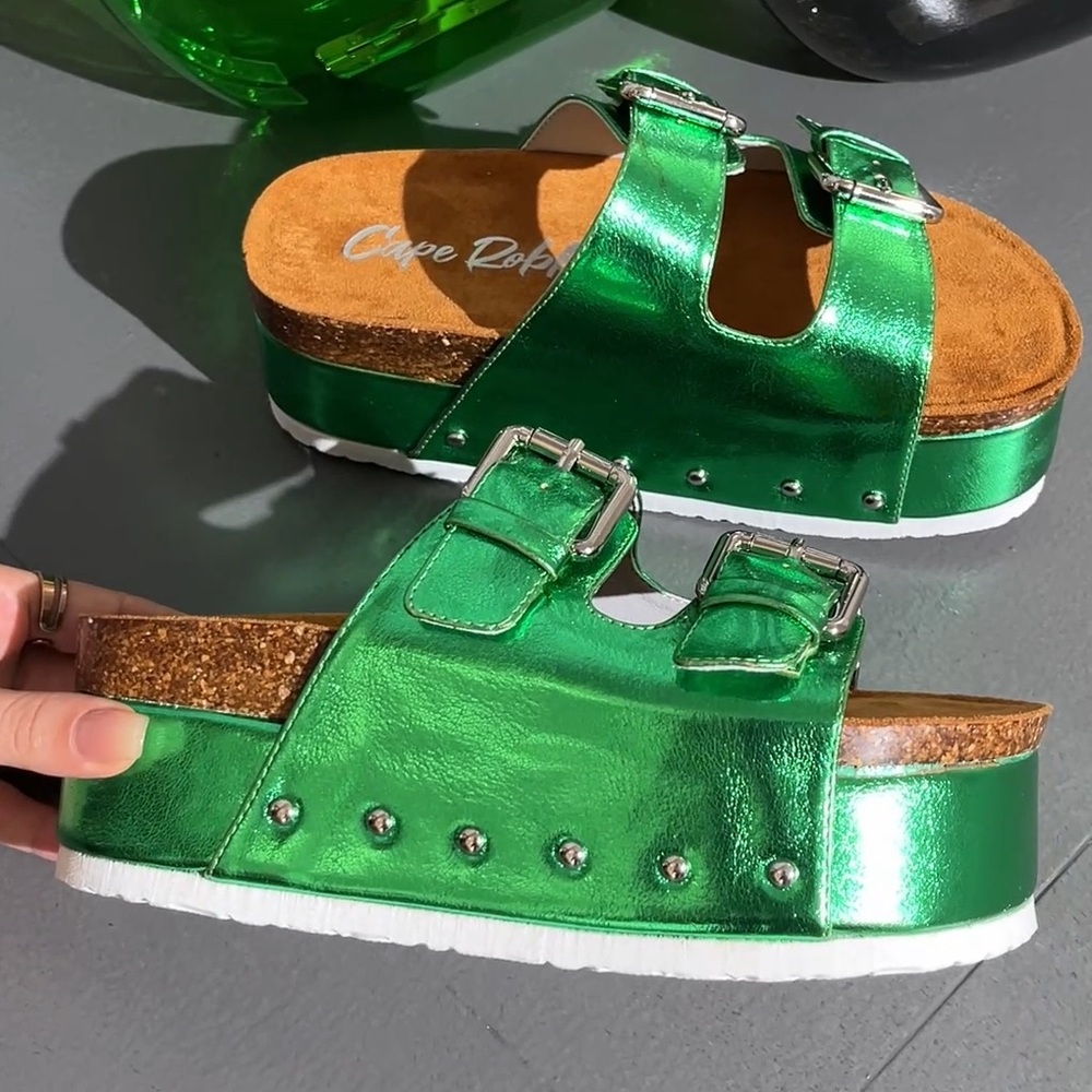 Cape Robbin Metallic Green Double Buckle Platform Sandals